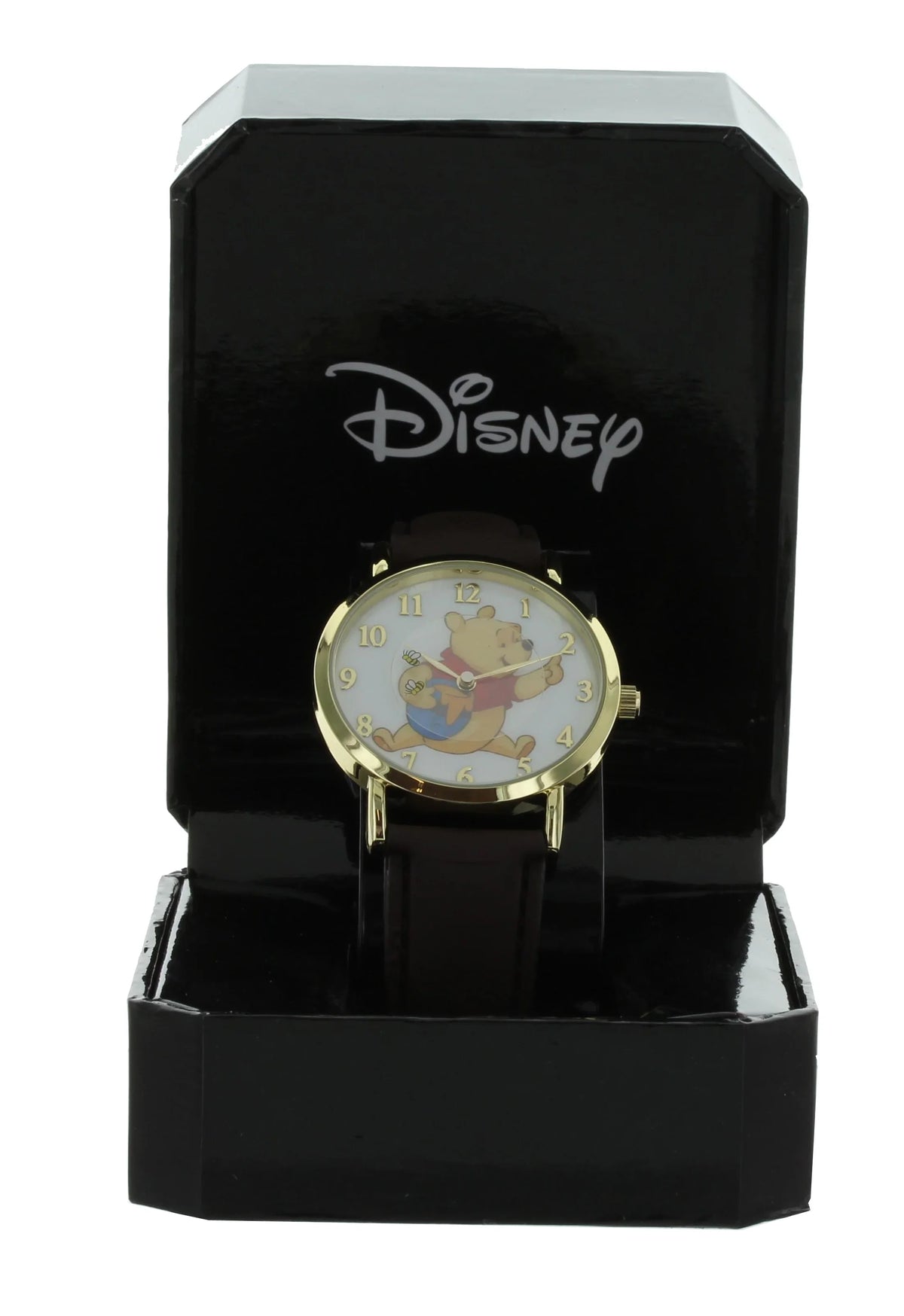 Disney Winnie The Pooh Rotating Bees Gold Tone Case With Brown Leather Band Analog Watch